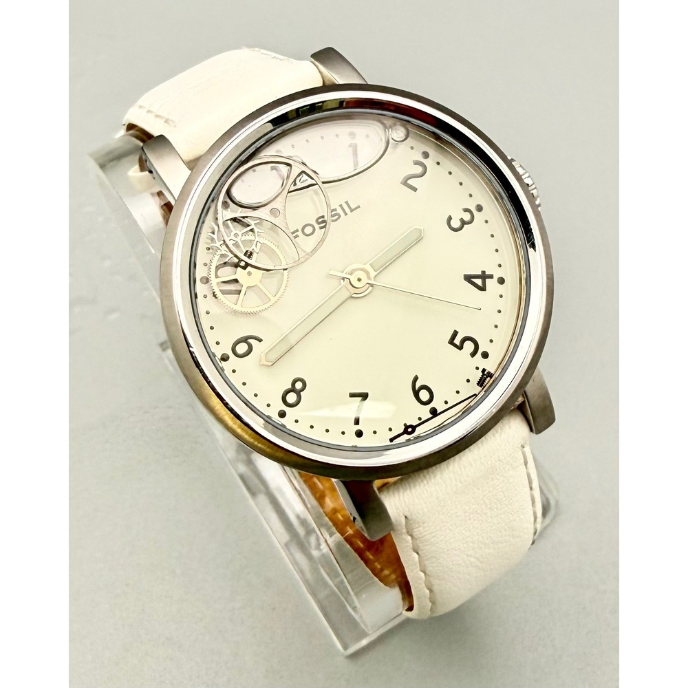 Rare Fossil Floating Gears JR-9951 Watch White Leather Strap Working New Battery